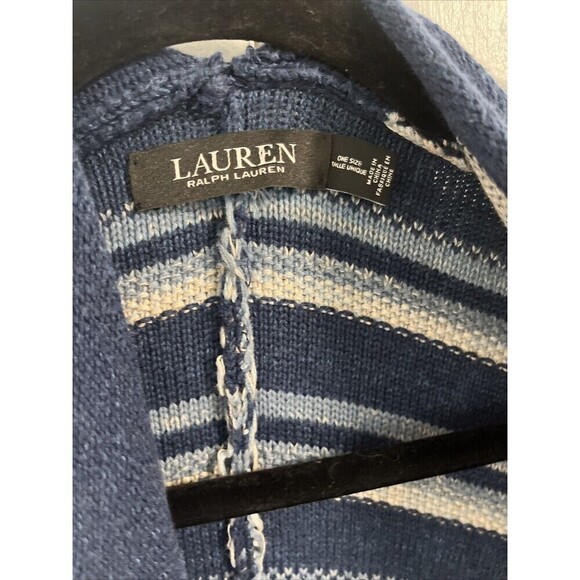 Lauren Ralph Lauren French Navy Striped Cotton Fringe Trim Pancho Cardigan OS - Picture 4 of 8